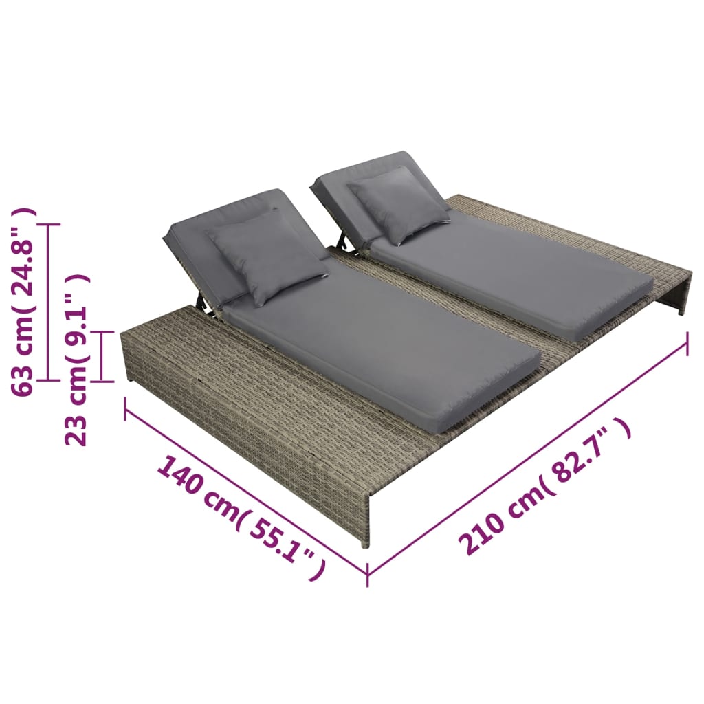 vidaXL Double Sun Lounger with Cushion Poly Rattan Grey