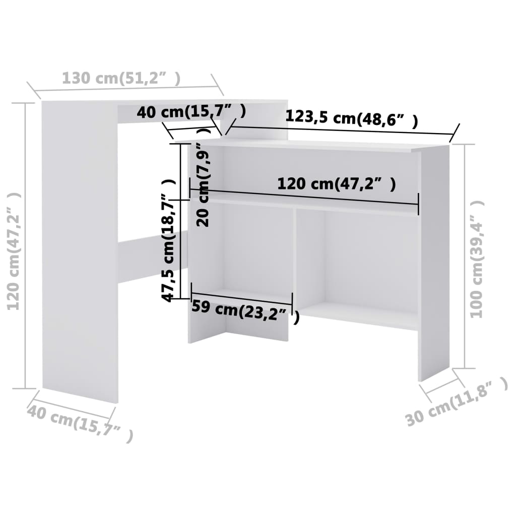 vidaXL Bar Table with 2 Table Tops White 130x40x120 cm