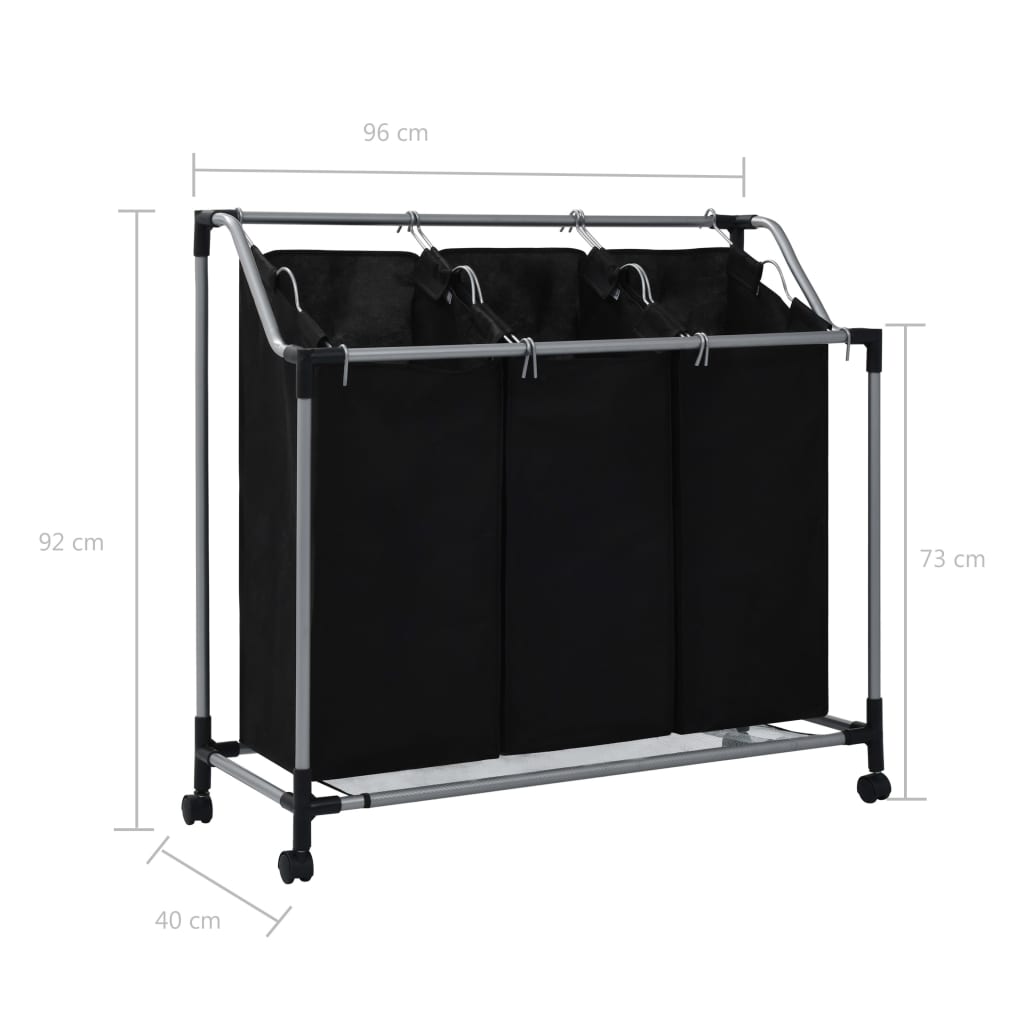 vidaXL Laundry Sorter with 3 Bags Black Steel