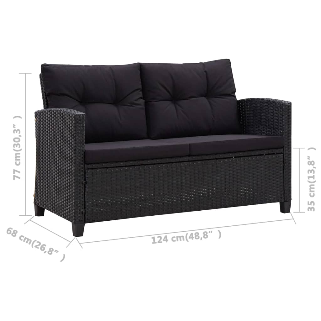 vidaXL 2-Seater Garden Sofa with Cushions Black 124 cm Poly Rattan