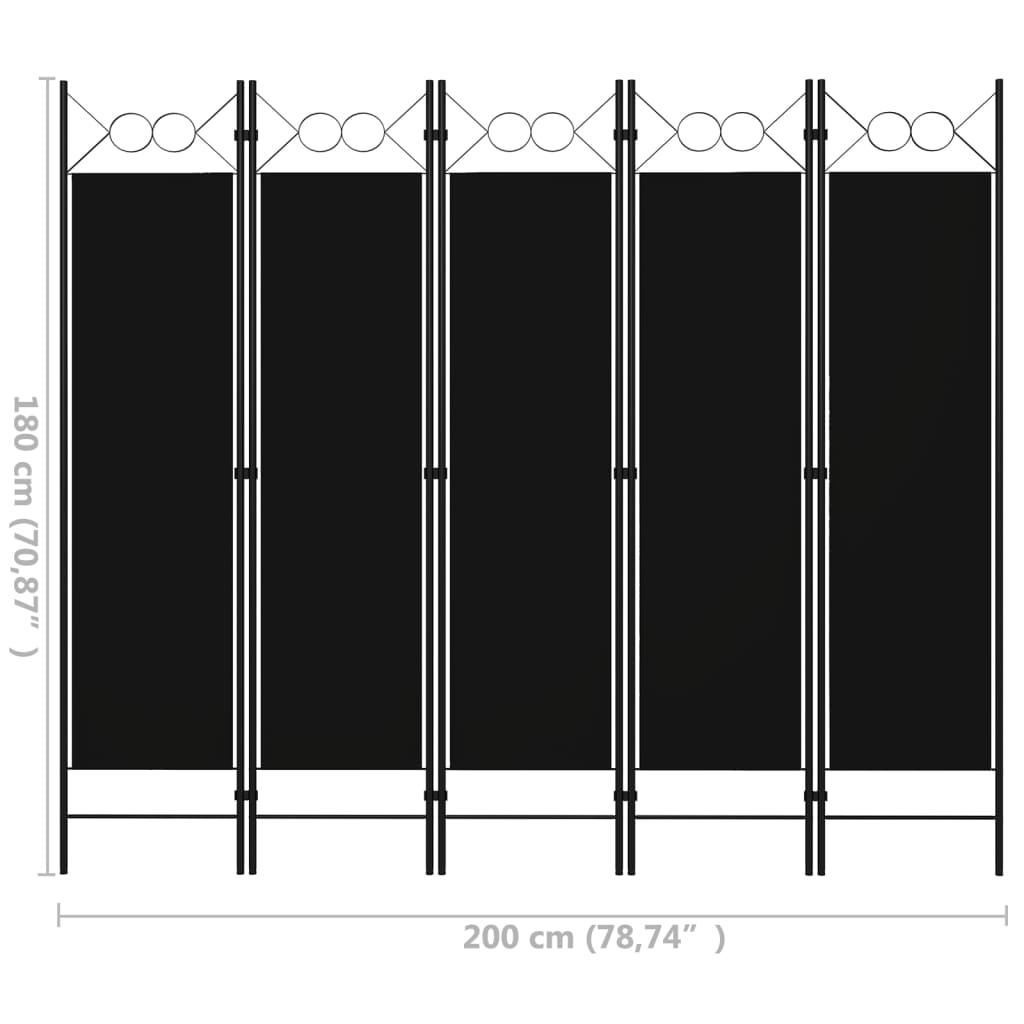 vidaXL 5-Panel Room Divider Black 200x180 cm