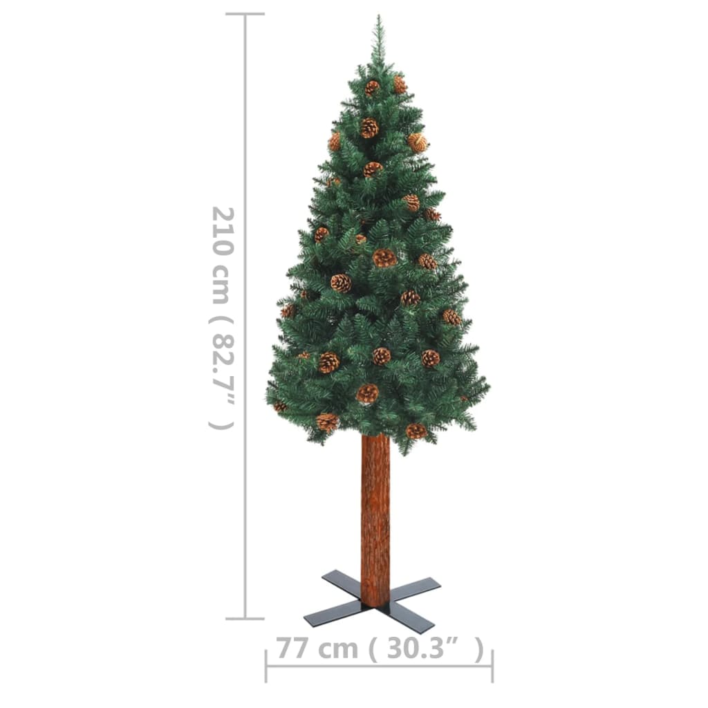 vidaXL Slim Pre-lit Christmas Tree with Real Wood&Cones Green 210 cm