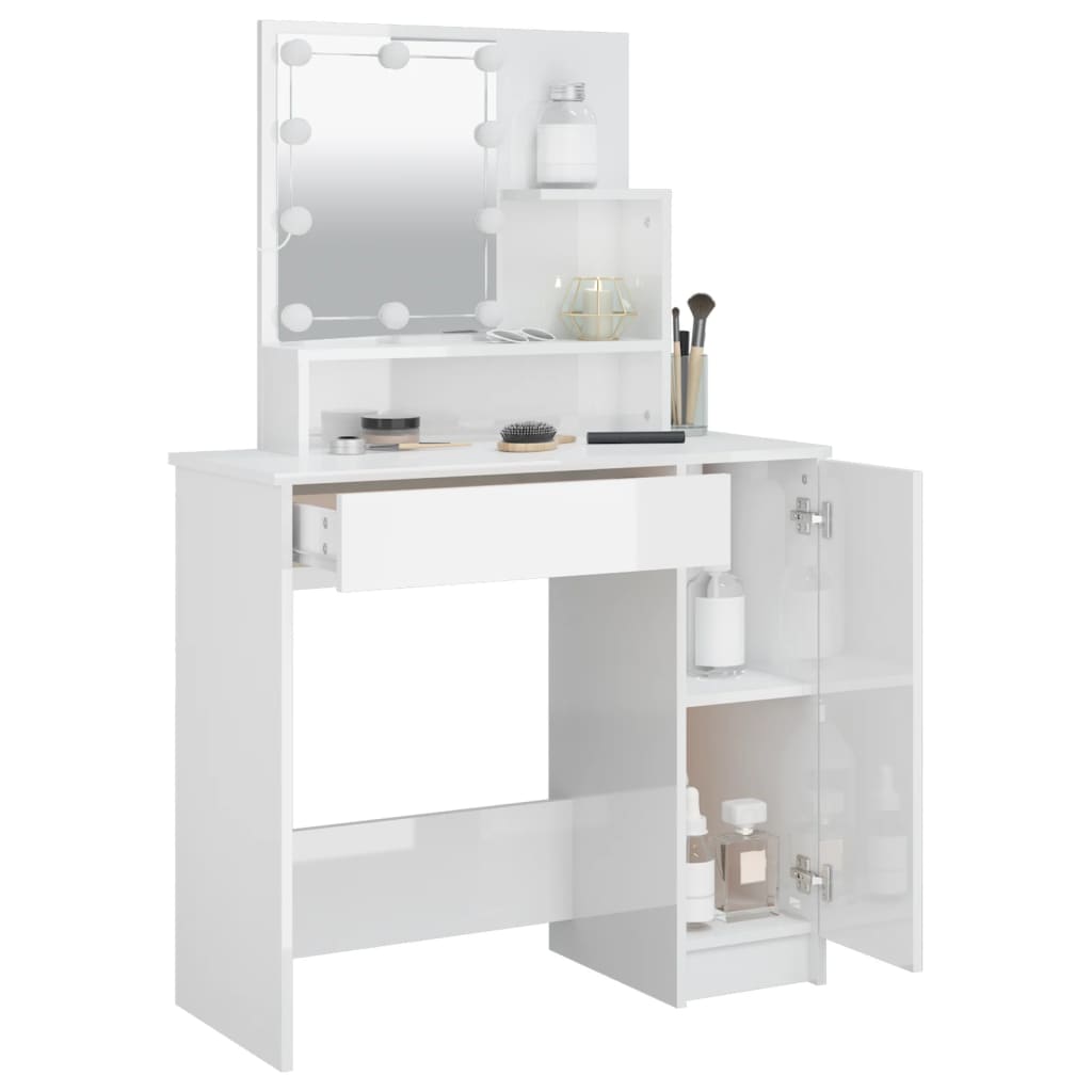 vidaXL Dressing Table with LED High Gloss White 86.5x35x136 cm