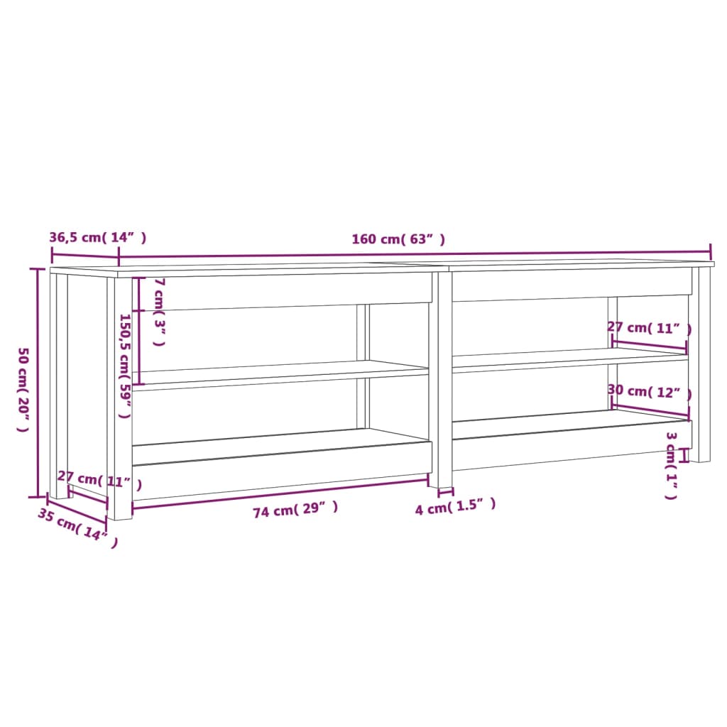 vidaXL Shoe Bench 160x36.5x50 cm Solid Wood Pine