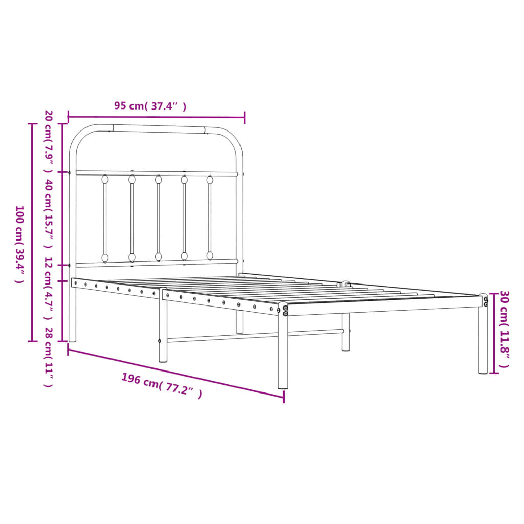 vidaXL Metal Bed Frame without Mattress with Headboard White 90x190 cm