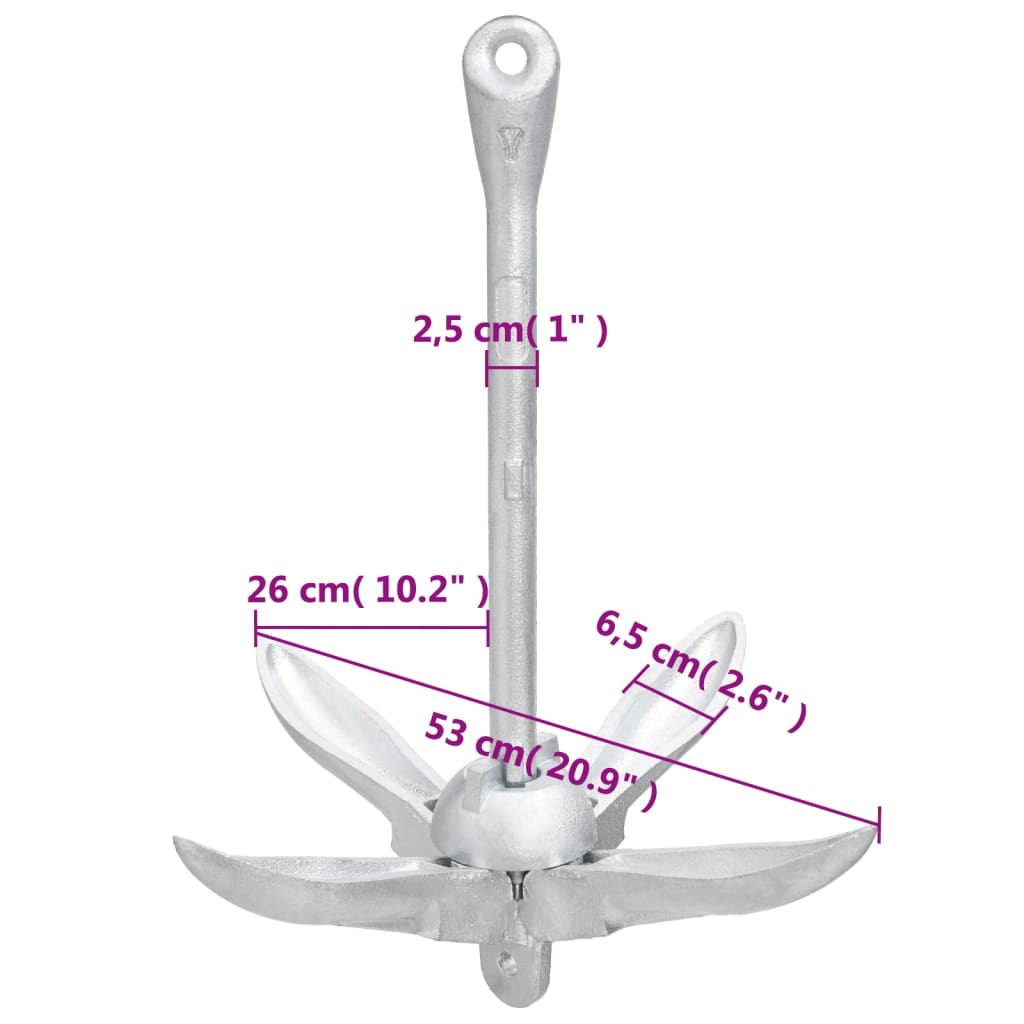 vidaXL Folding Anchor with Rope Silver 8 kg Hot Dip Galvanized Cast Iron