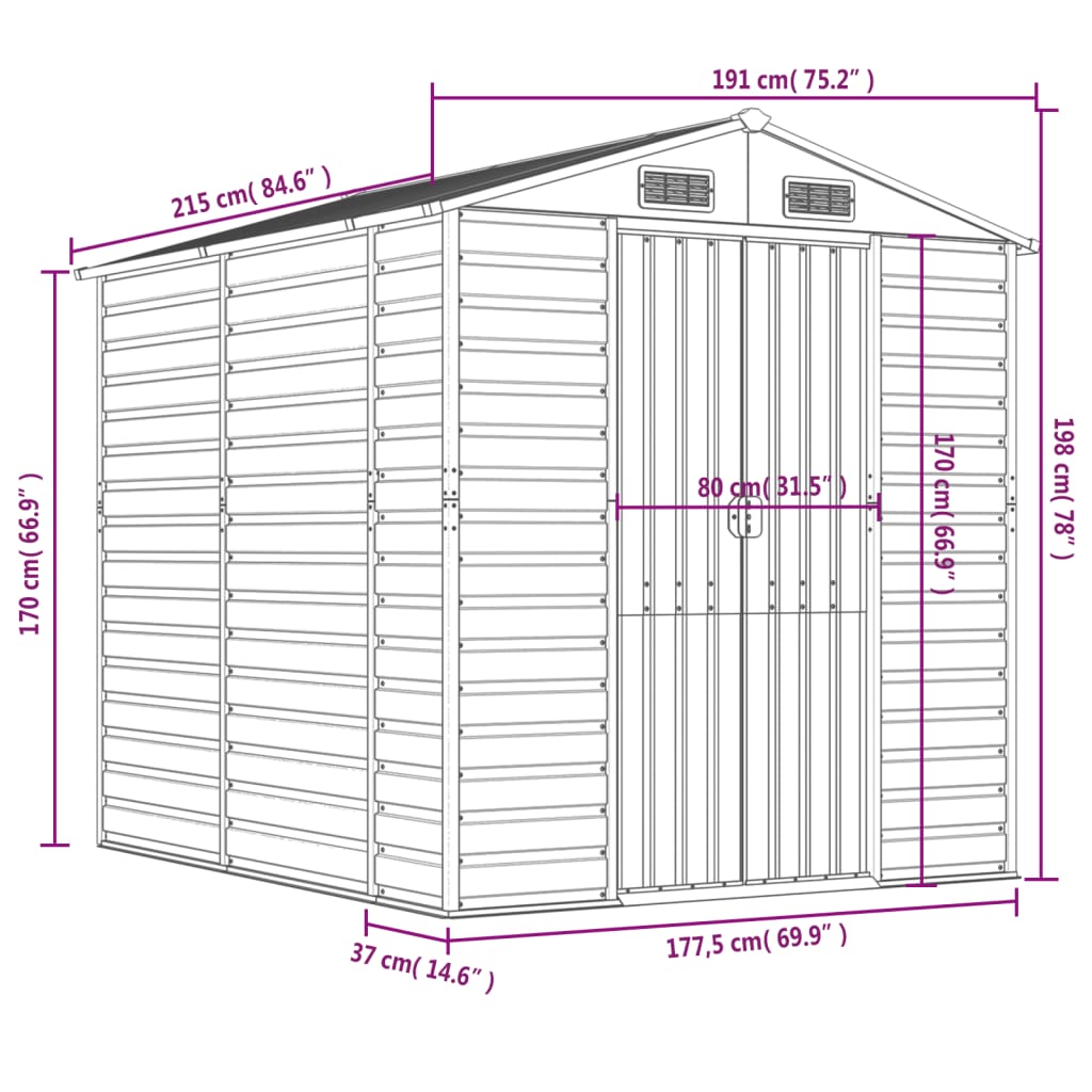 vidaXL Garden Shed Brown 191x215x198 cm Galvanised Steel