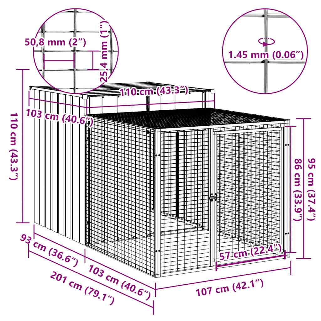 vidaXL Chicken Cage with Run Anthracite 110x201x110 cm Galvanised Steel