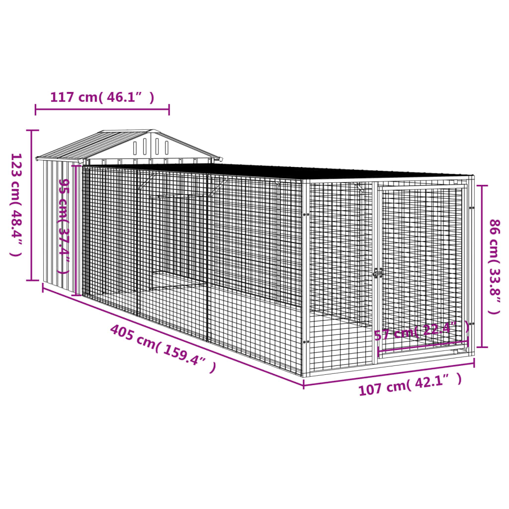 vidaXL Chicken Cage with Run Anthracite 117x405x123 cm Galvanised Steel