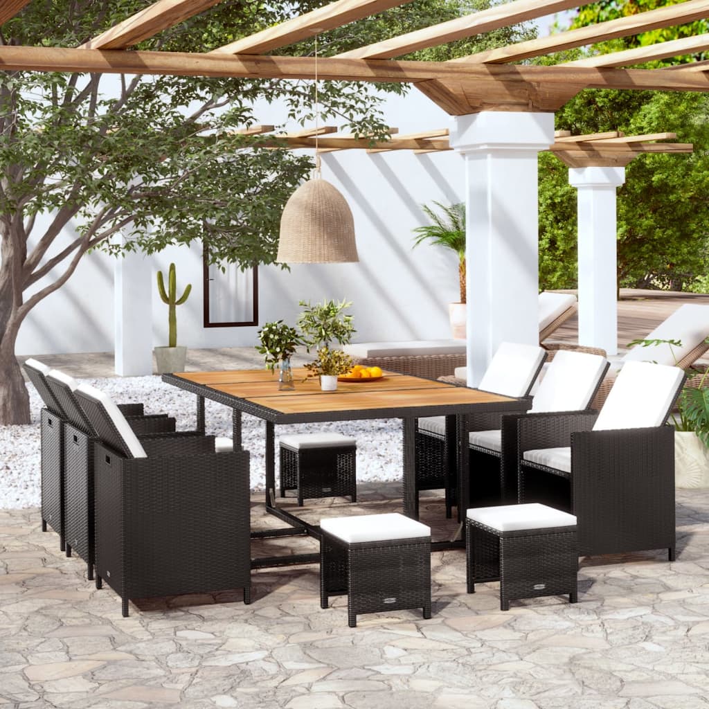 vidaXL 11 Piece Outdoor Dining Set Poly Rattan and Acacia Wood Black
