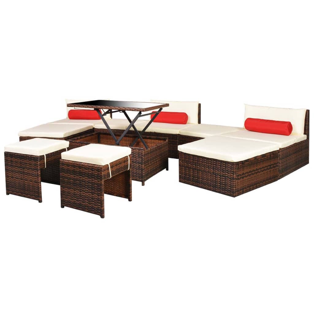 vidaXL 10 Piece Garden Lounge Set with Cushions Poly Rattan Brown