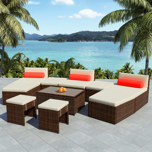 vidaXL 10 Piece Garden Lounge Set with Cushions Poly Rattan Brown