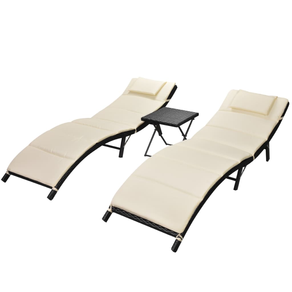 vidaXL Folding Sun Loungers 2 pcs with Table Poly Rattan Black