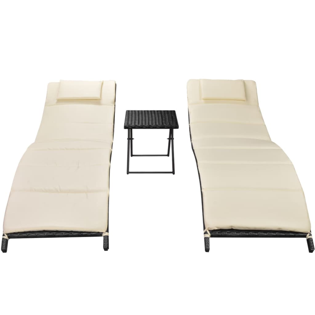 vidaXL Folding Sun Loungers 2 pcs with Table Poly Rattan Black