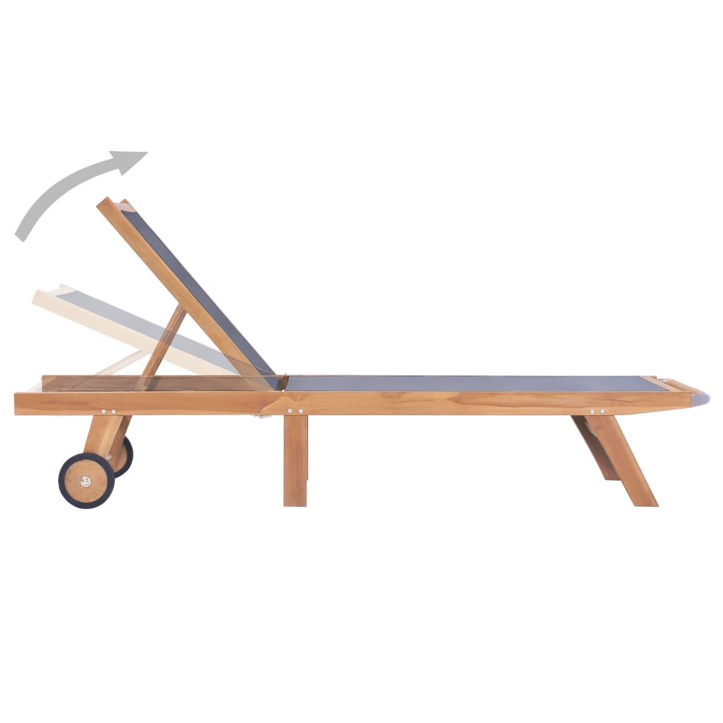 vidaXL Folding Sun Lounger with Wheels Solid Teak and Textilene