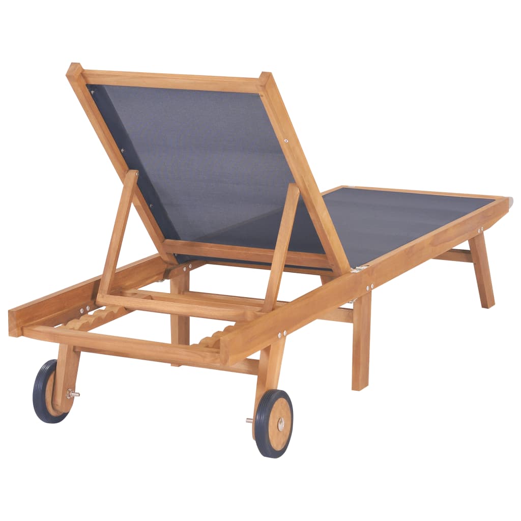 vidaXL Folding Sun Lounger with Wheels Solid Teak and Textilene