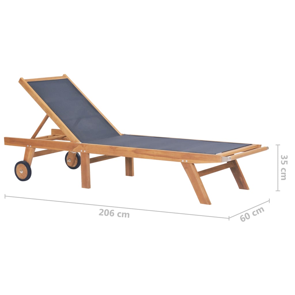 vidaXL Folding Sun Lounger with Wheels Solid Teak and Textilene