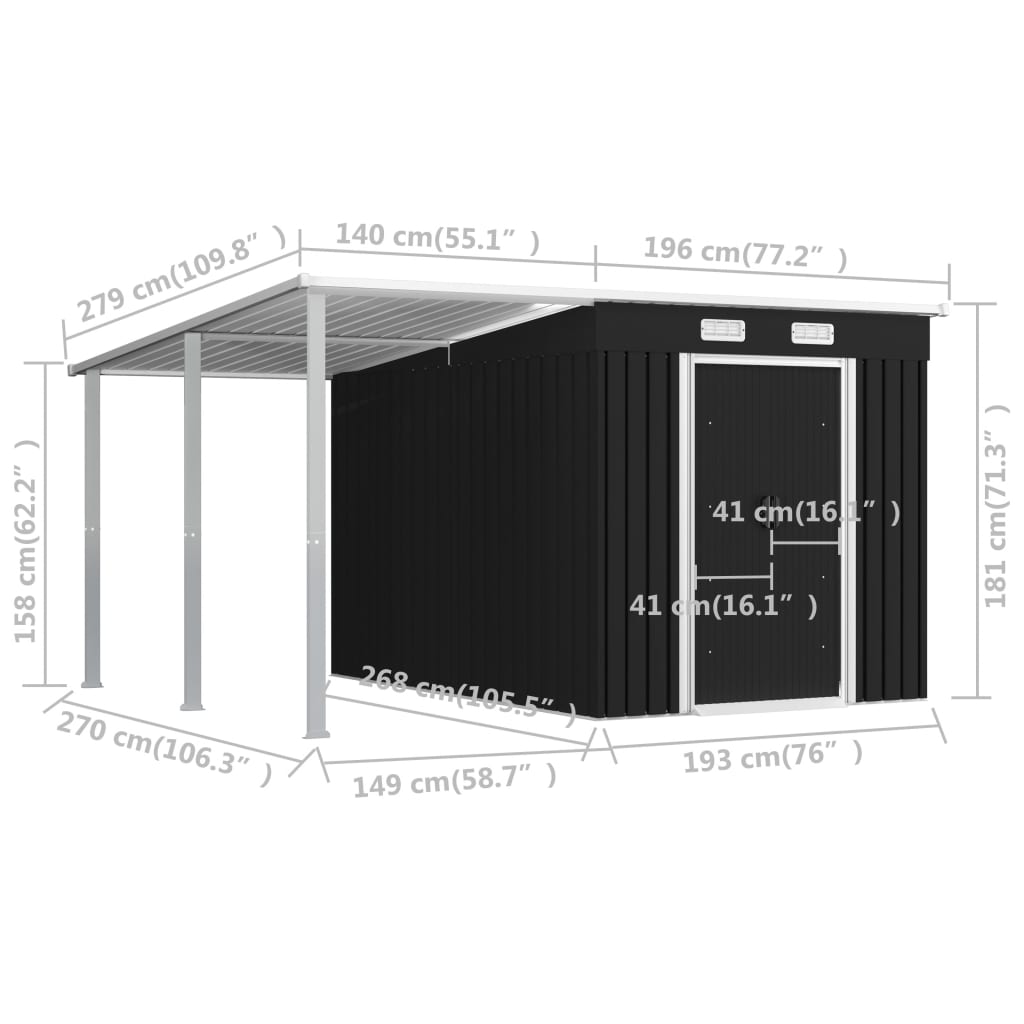 vidaXL Garden Shed with Extended Roof Anthracite 336x270x181 cm Steel