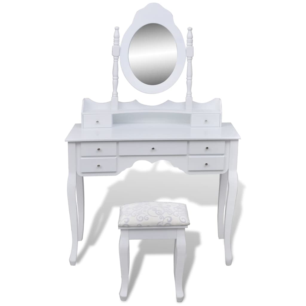vidaXL Dressing Table with Mirror and Stool 7 Drawers White