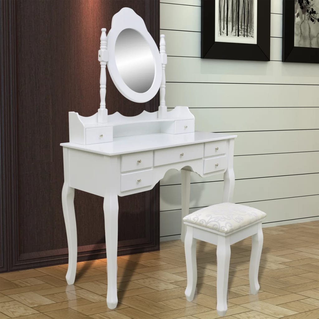 vidaXL Dressing Table with Mirror and Stool 7 Drawers White