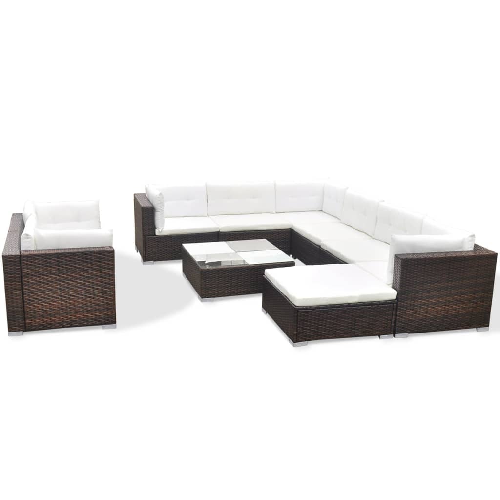 vidaXL 10 Piece Garden Lounge Set with Cushions Poly Rattan Brown