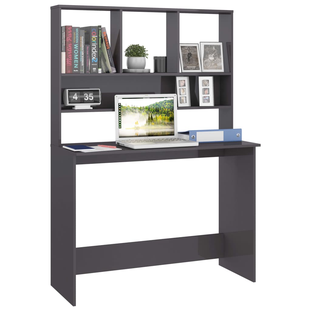 vidaXL Desk with Shelves High Gloss Grey 110x45x157 cm Engineered Wood
