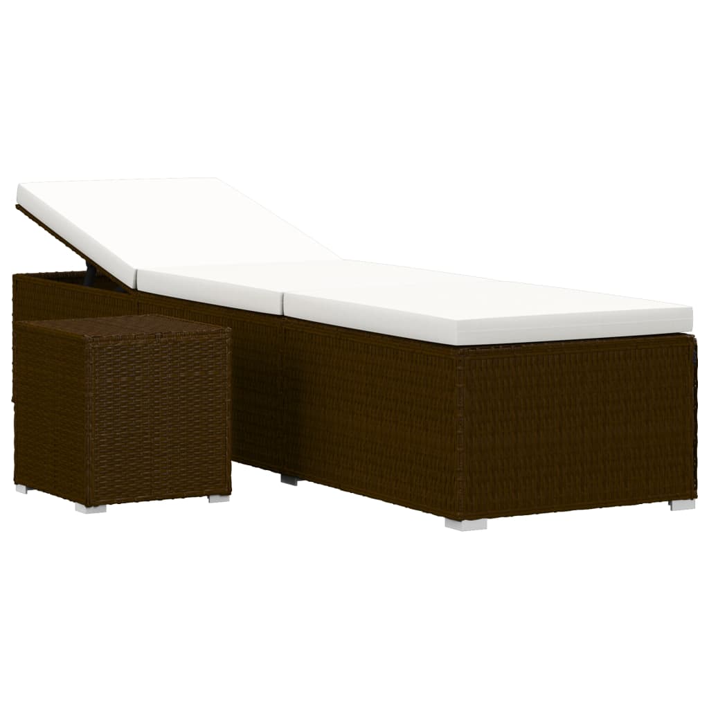 vidaXL Sun Lounger with Cushion and Tea Table Poly Rattan Brown
