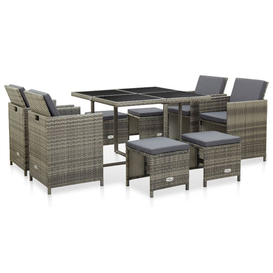 vidaXL 9 Piece Outdoor Dining Set with Cushions Poly Rattan Grey