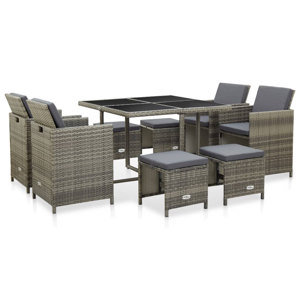 vidaXL 9 Piece Outdoor Dining Set with Cushions Poly Rattan Grey