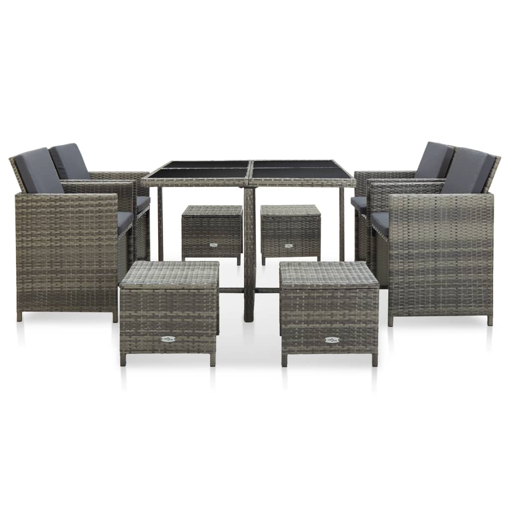 vidaXL 9 Piece Outdoor Dining Set with Cushions Poly Rattan Grey