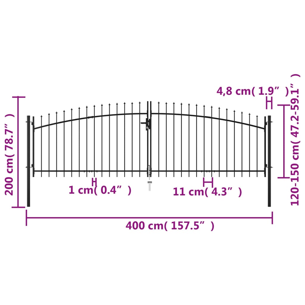 vidaXL Double Door Fence Gate with Spear Top 400x200 cm