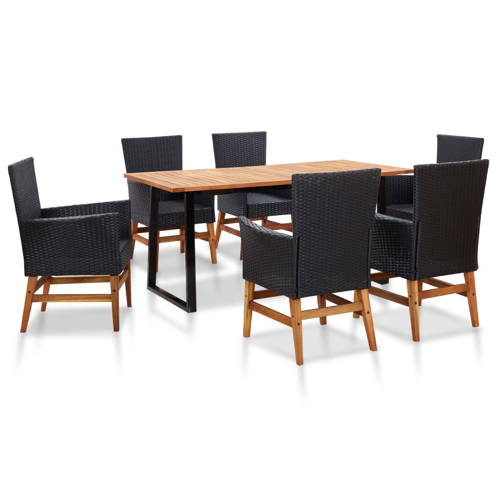 vidaXL 7 Piece Outdoor Dining Set Poly Rattan and Acacia Wood Black