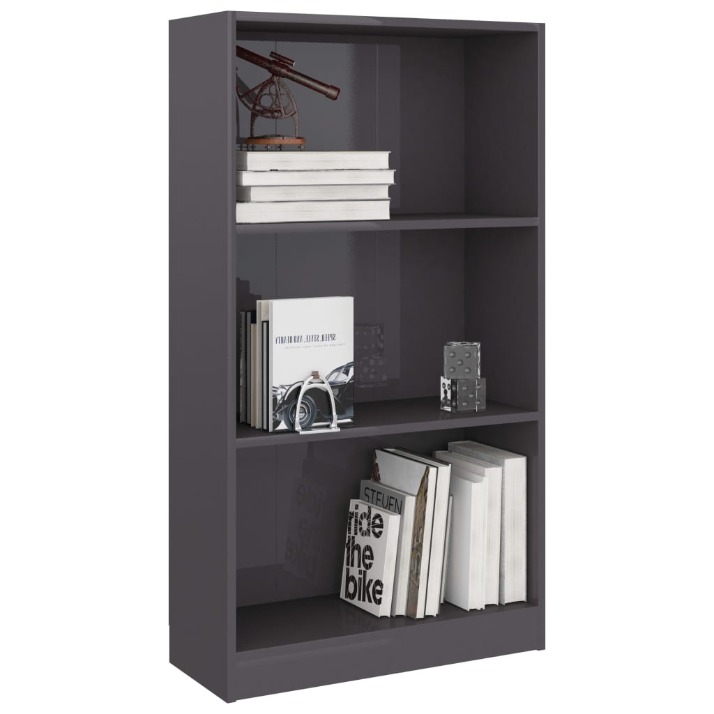 vidaXL 3-Tier Book Cabinet High Gloss Grey 60x24x109 Engineered Wood