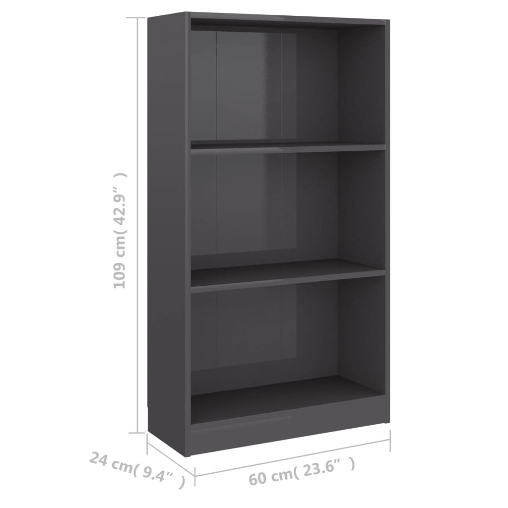 vidaXL 3-Tier Book Cabinet High Gloss Grey 60x24x109 Engineered Wood