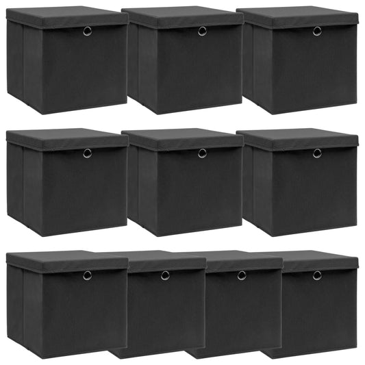 vidaXL Storage Boxes with Lids 10 pcs Black 32x32x32 cm Fabric