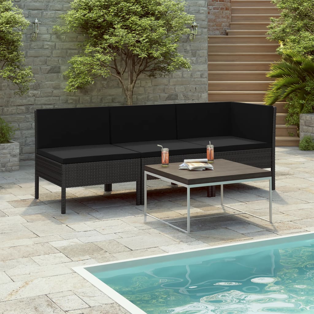 vidaXL 3 Piece Garden Lounge Set with Cushions Poly Rattan Black