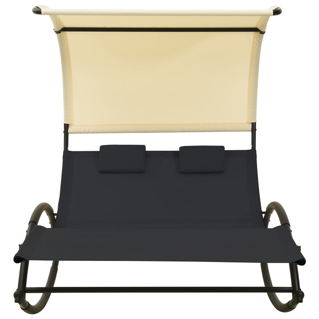 vidaXL Double Sun Lounger with Canopy Textilene Black and Cream