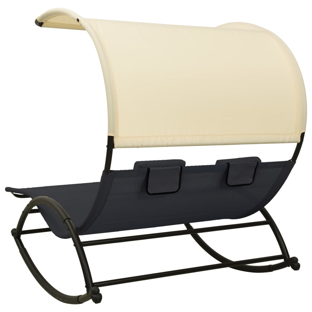 vidaXL Double Sun Lounger with Canopy Textilene Black and Cream