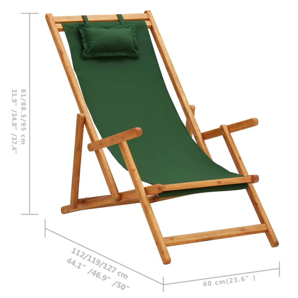 vidaXL Folding Beach Chair Solid Eucalyptus Wood and Fabric Green