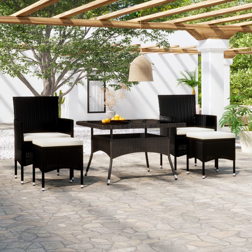 vidaXL 5 Piece Garden Dining Set Poly Rattan and Tempered Glass Black