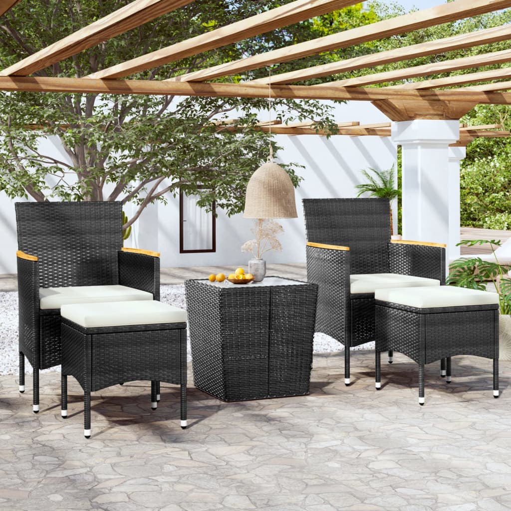 vidaXL 5 Piece Garden Bistro Set Poly Rattan and Tempered Glass Black