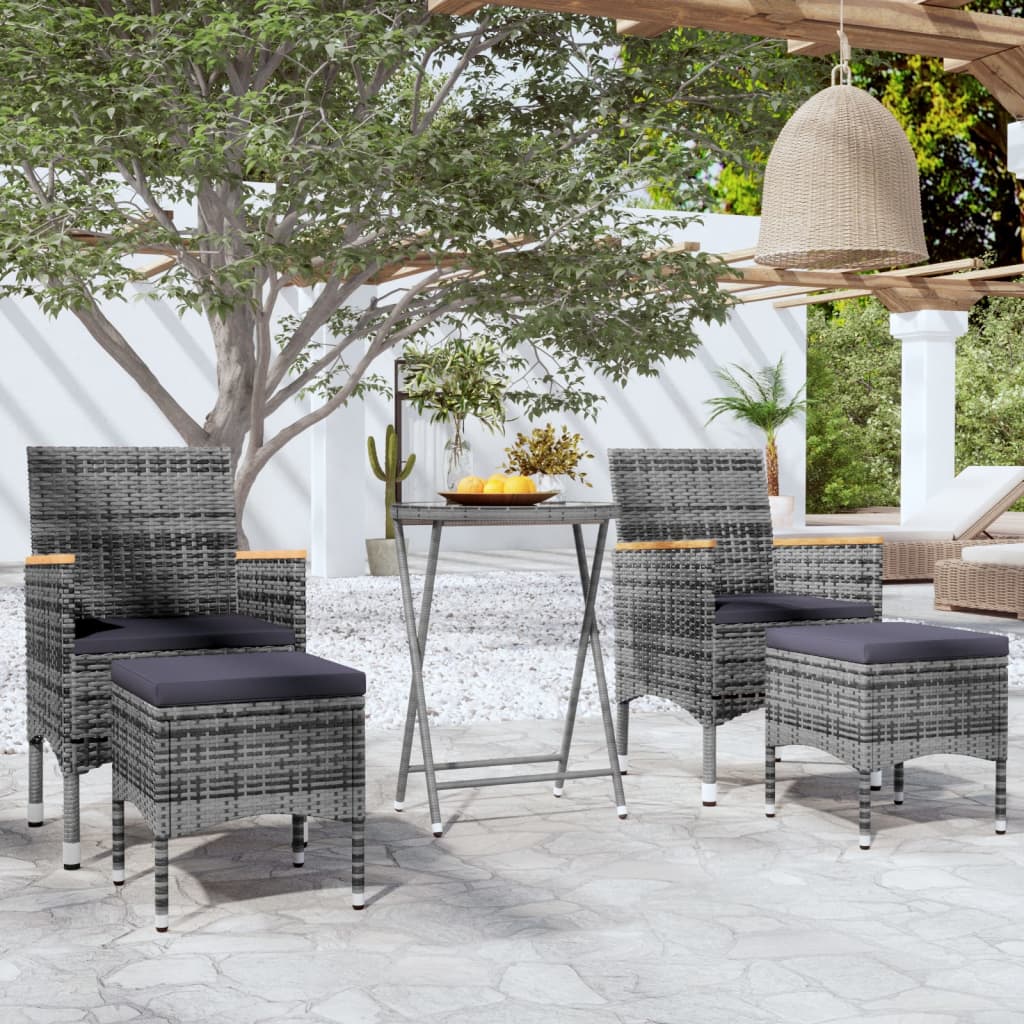 vidaXL 5 Piece Garden Bistro Set Poly Rattan and Tempered Glass Grey