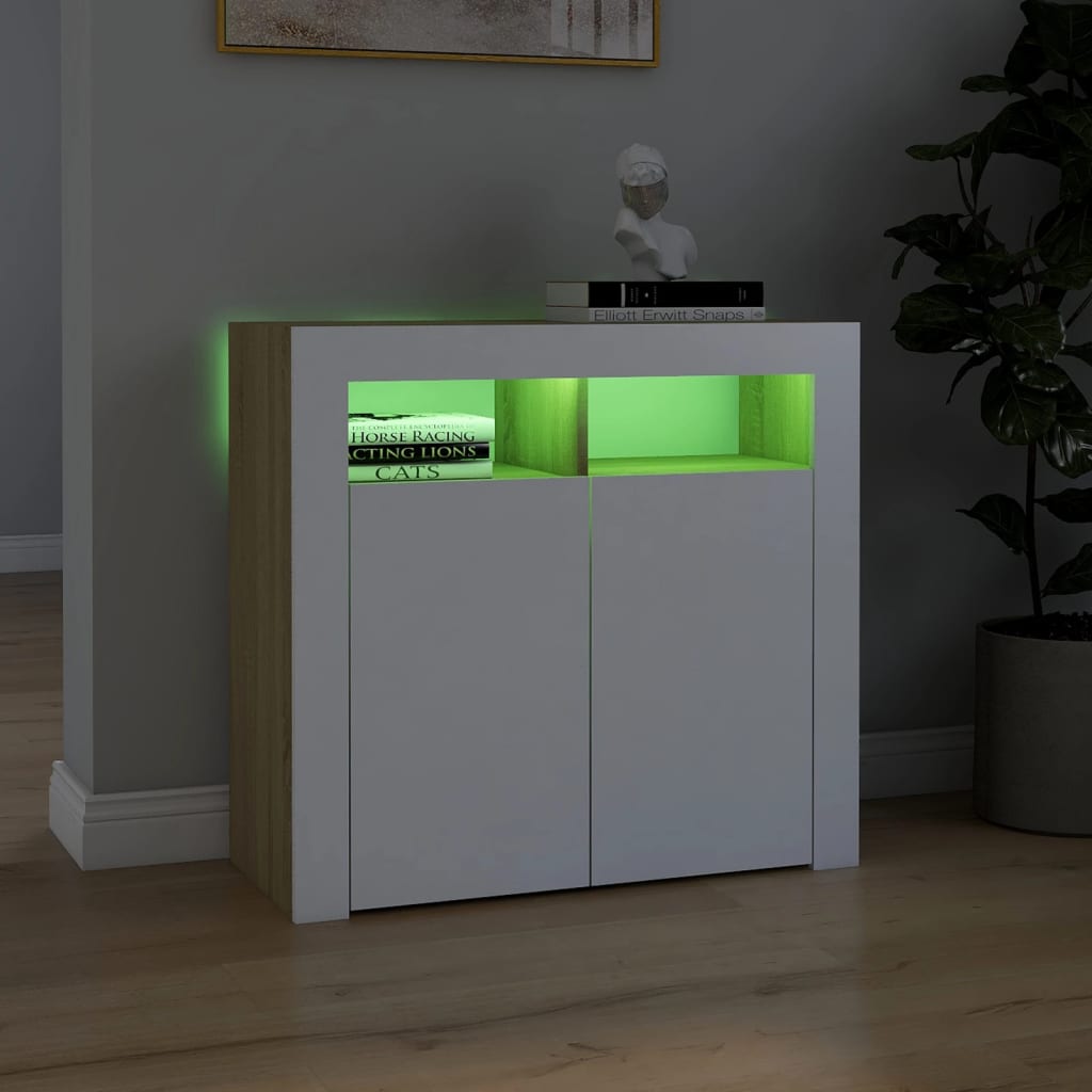 vidaXL Sideboard with LED Lights White and Sonoma Oak 80x35x75 cm