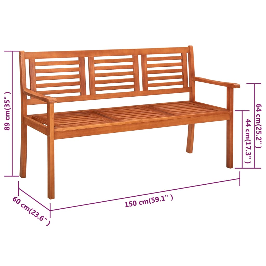 vidaXL 3-Seater Garden Bench with Cushion 150 cm Solid Eucalyptus Wood