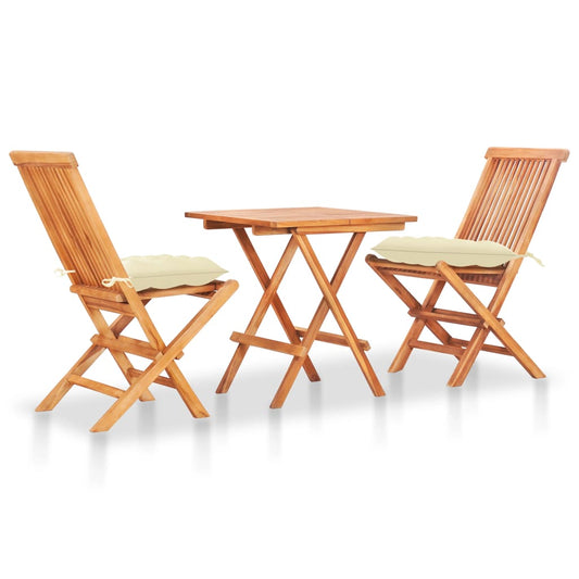 vidaXL 3 Piece Bistro Set with Cream White Cushions Solid Teak Wood