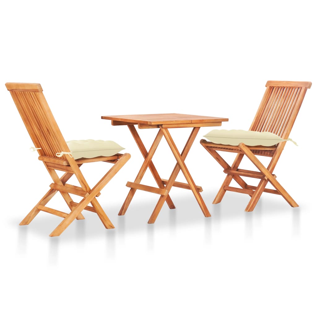 vidaXL 3 Piece Bistro Set with Cream White Cushions Solid Teak Wood