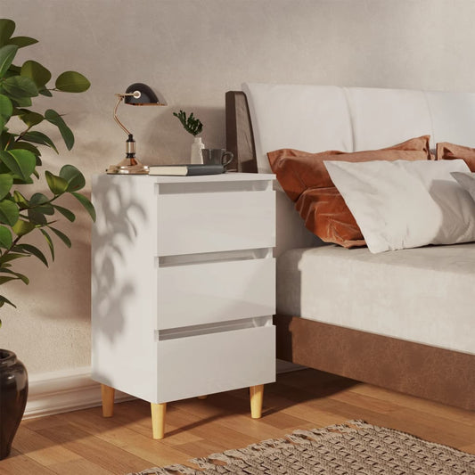 vidaXL Bed Cabinet with Solid Wood Legs High Gloss White 40x35x69 cm