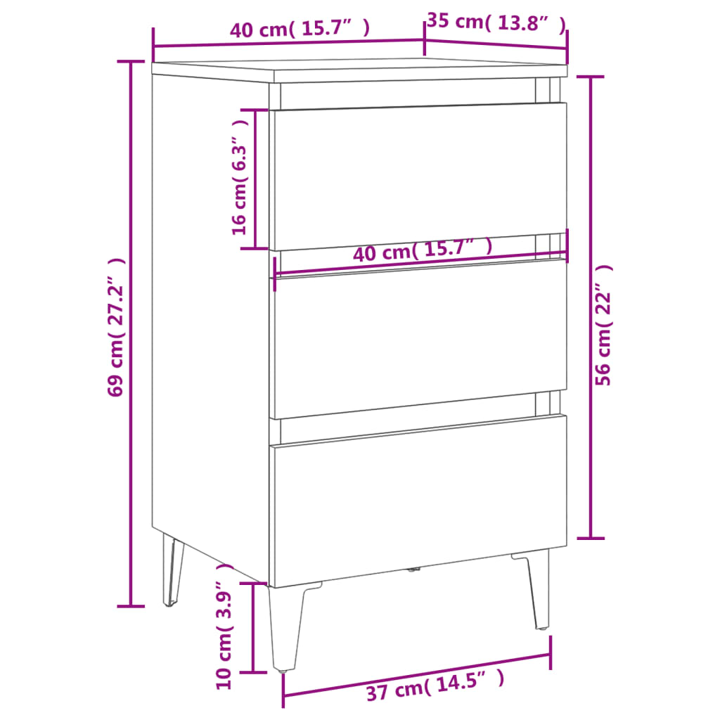 vidaXL Bed Cabinet with Metal Legs High Gloss White 40x35x69 cm