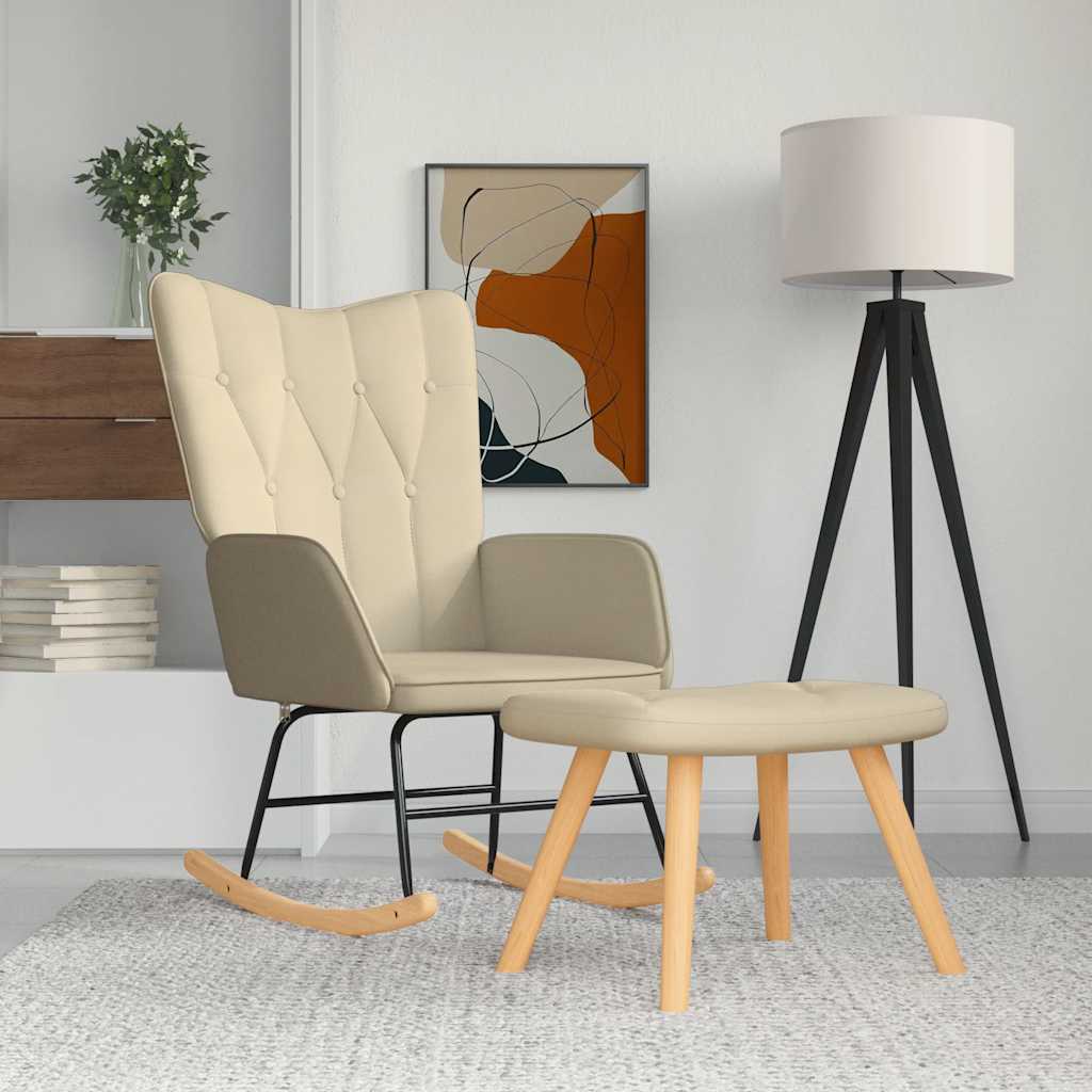 vidaXL Rocking Chair with a Stool Cream Fabric