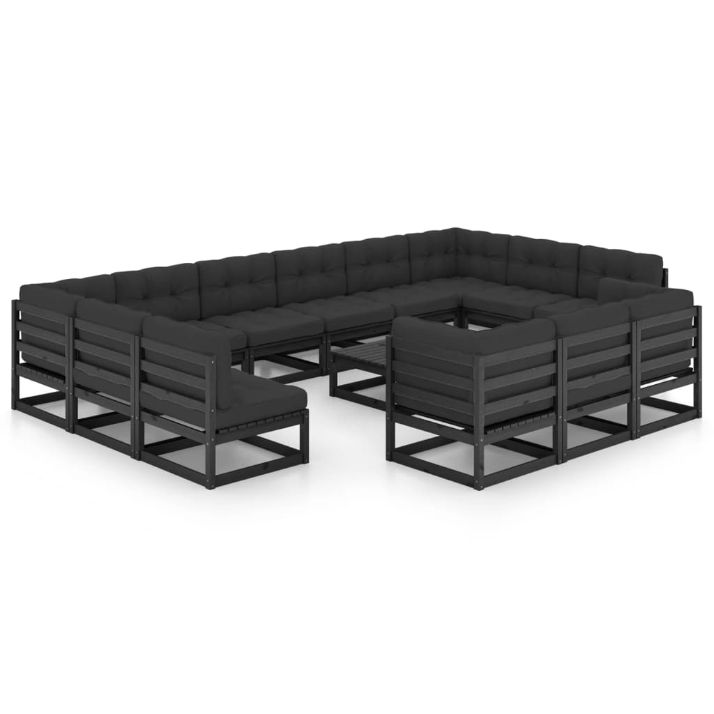 vidaXL 14 Piece Garden Lounge Set with Cushions Black Solid Pinewood
